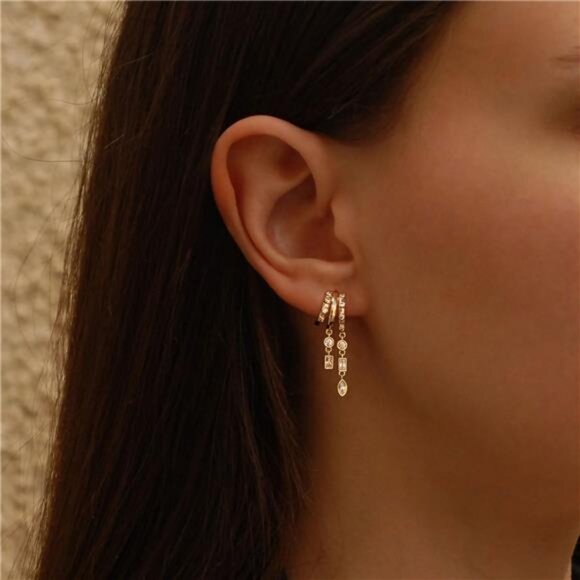 14K Gold Plated Triple Huggie Dangle Earrings | Split Wrap Statement Drops - Picture 3 of 4